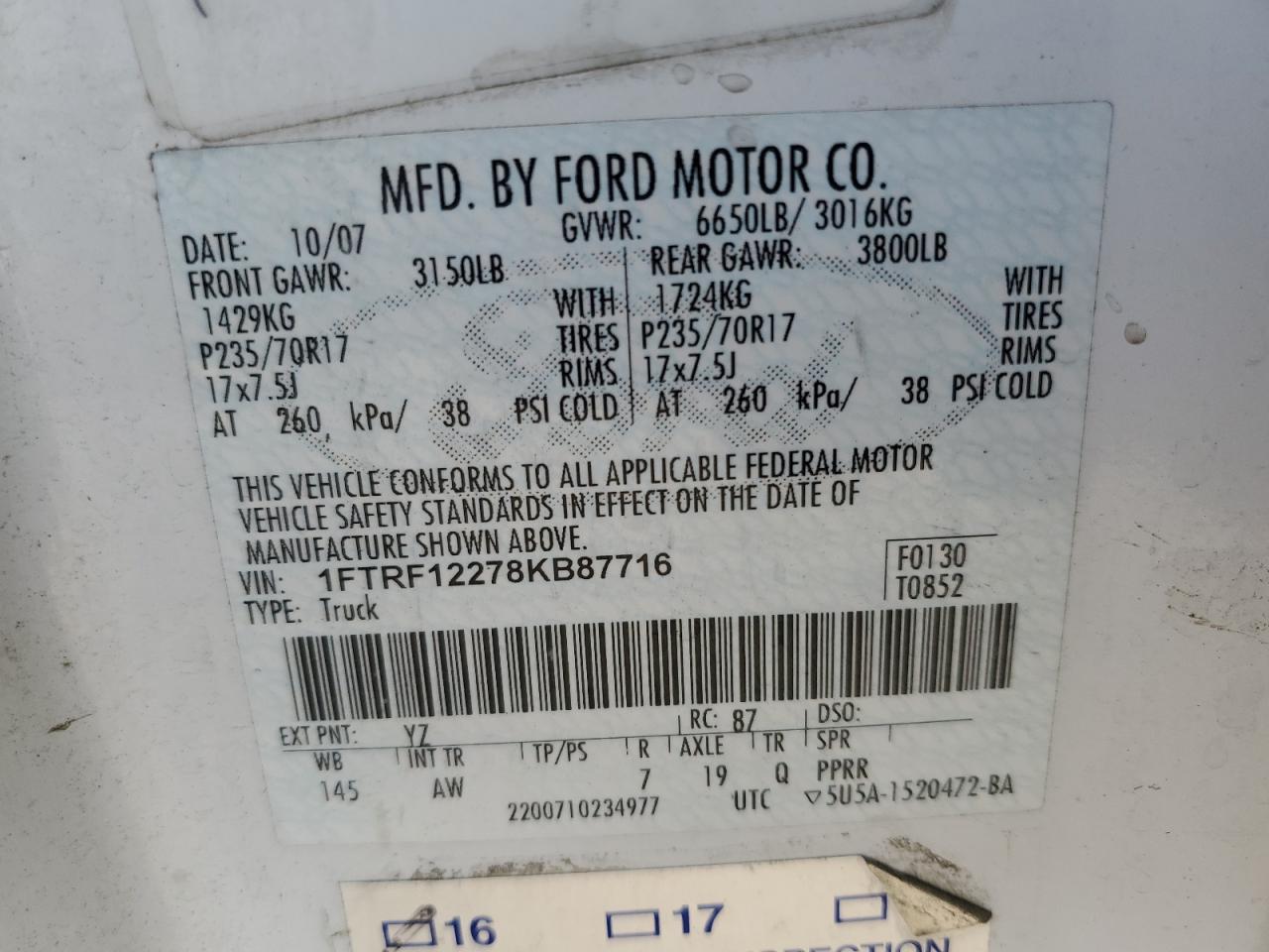 2008 Ford F150 VIN: 1FTRF12278KB87716 Lot: 88728235