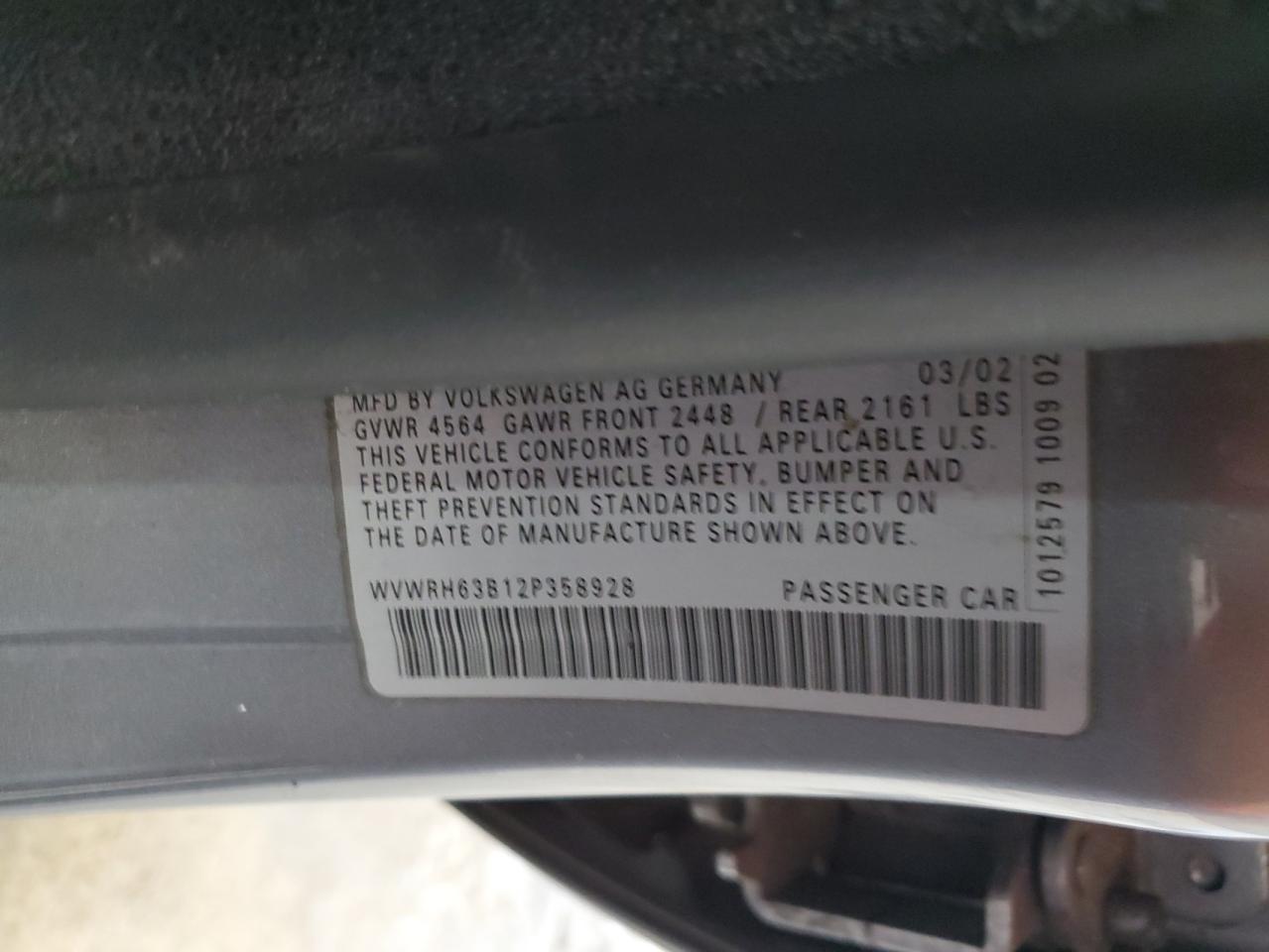 2002 Volkswagen Passat Glx VIN: WVWRH63B12P358928 Lot: 89107195