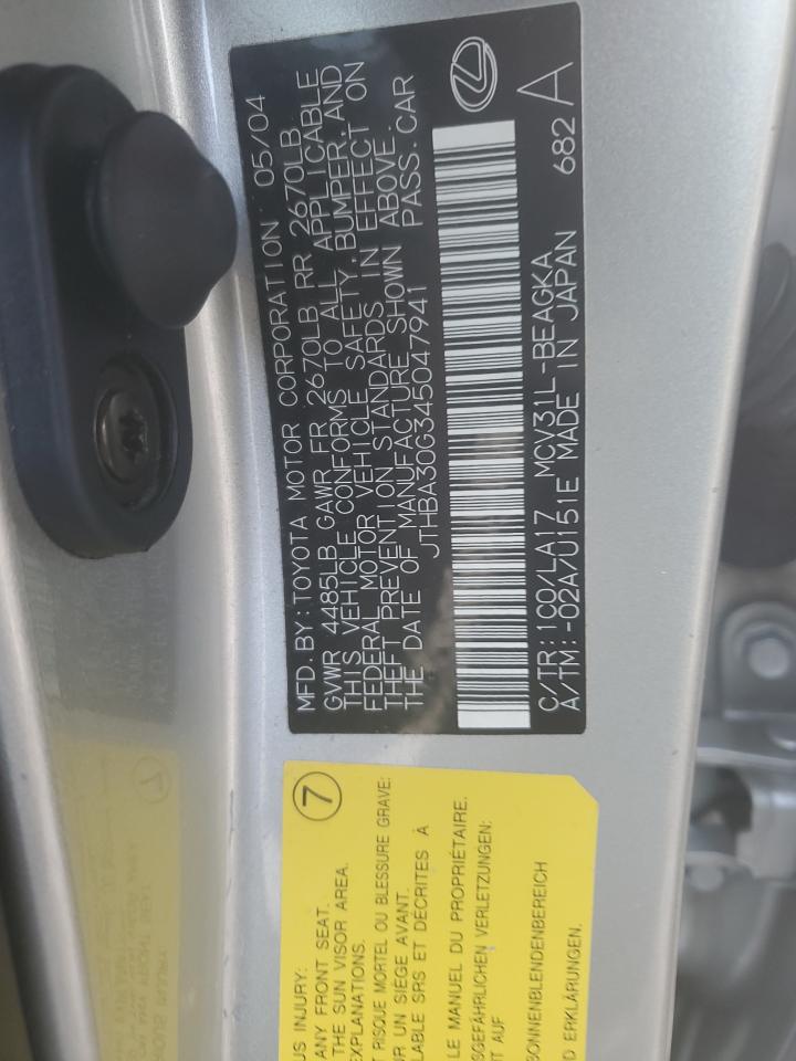 2004 Lexus Es 330 VIN: JTHBA30G345047941 Lot: 89280505