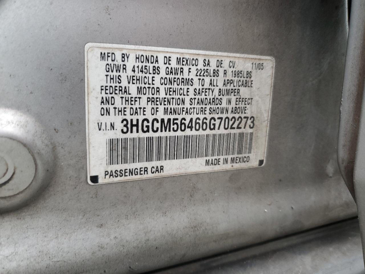 2006 Honda Accord Lx VIN: 3HGCM56466G702273 Lot: 89062085