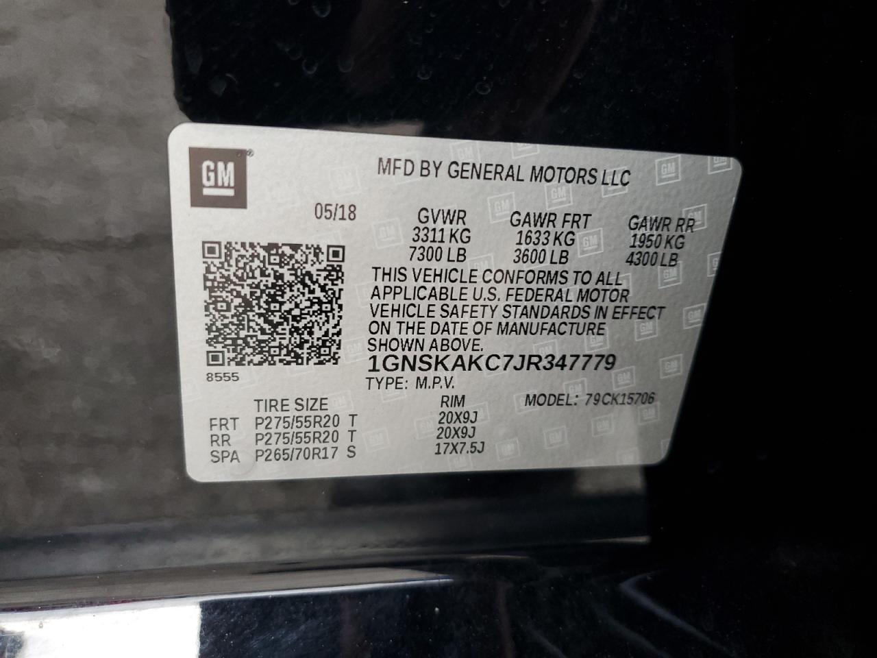 1GNSKAKC7JR347779 CHEVROLET TAHOE 2018
