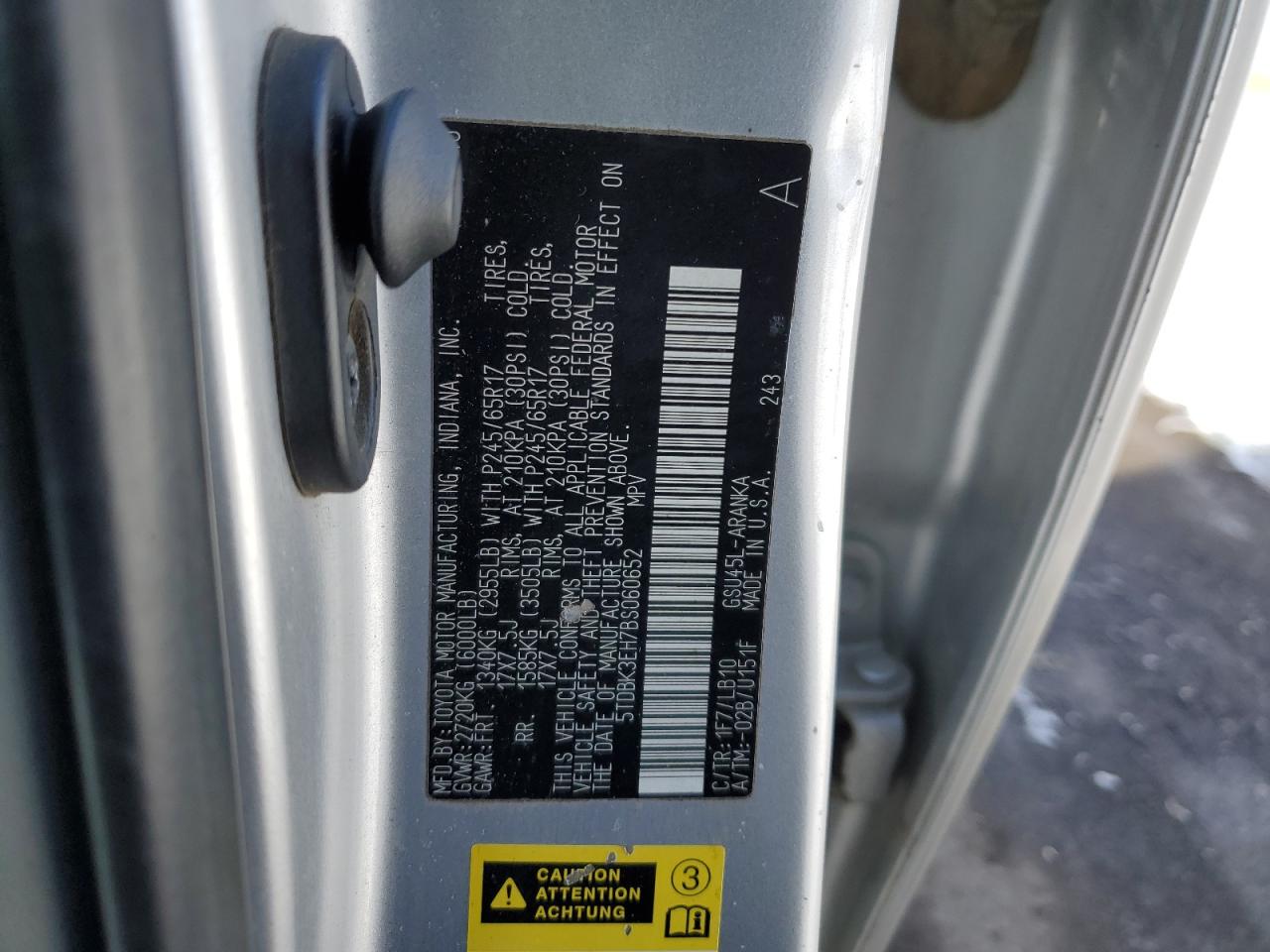 2011 Toyota Highlander Base VIN: 5TDBK3EH7BS060652 Lot: 89195775