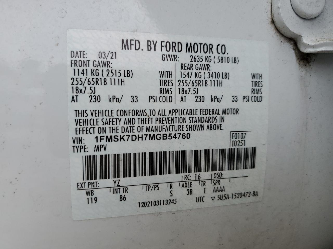 1FMSK7DH7MGB54760 FORD EXPLORER 2021