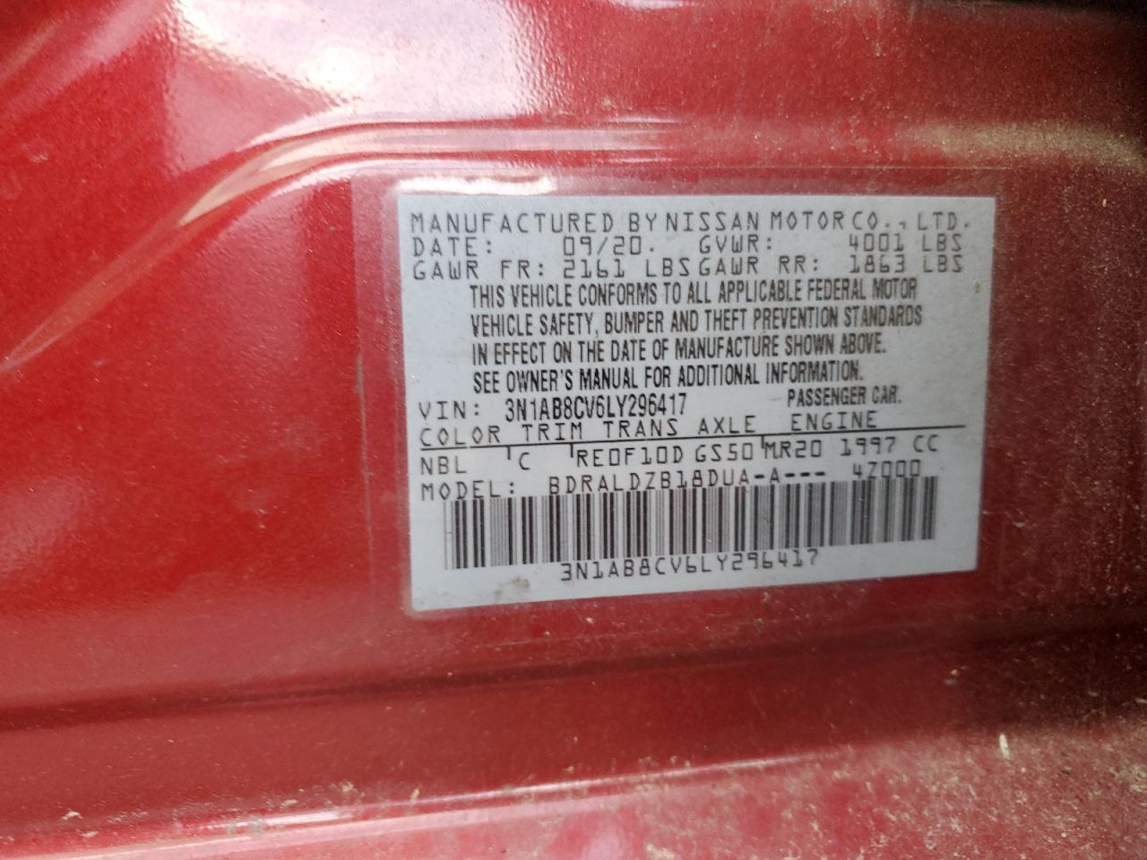 2020 Nissan Sentra Sv VIN: 3N1AB8CV6LY296417 Lot: 88631435