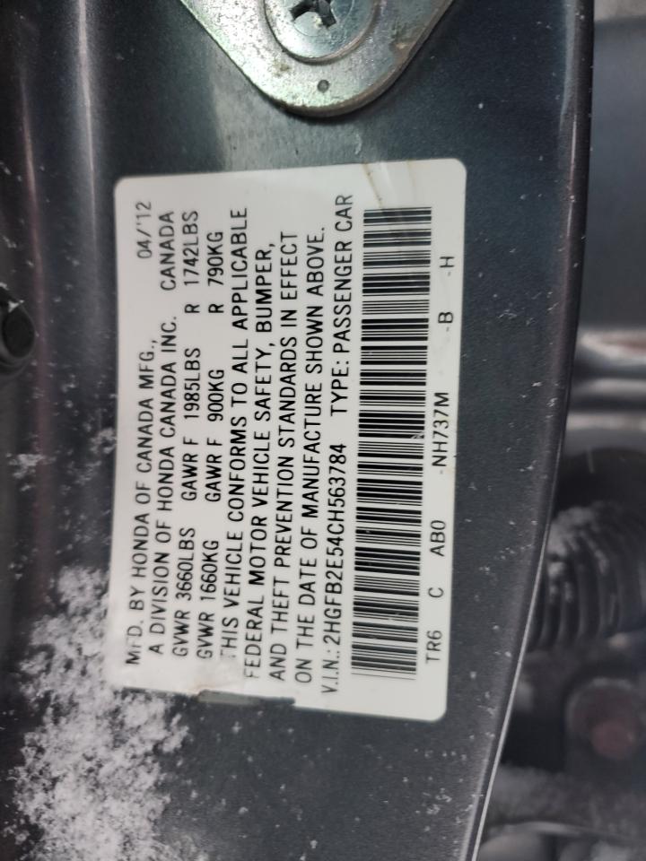 2012 Honda Civic Lx VIN: 2HGFB2E54CH563784 Lot: 87209264