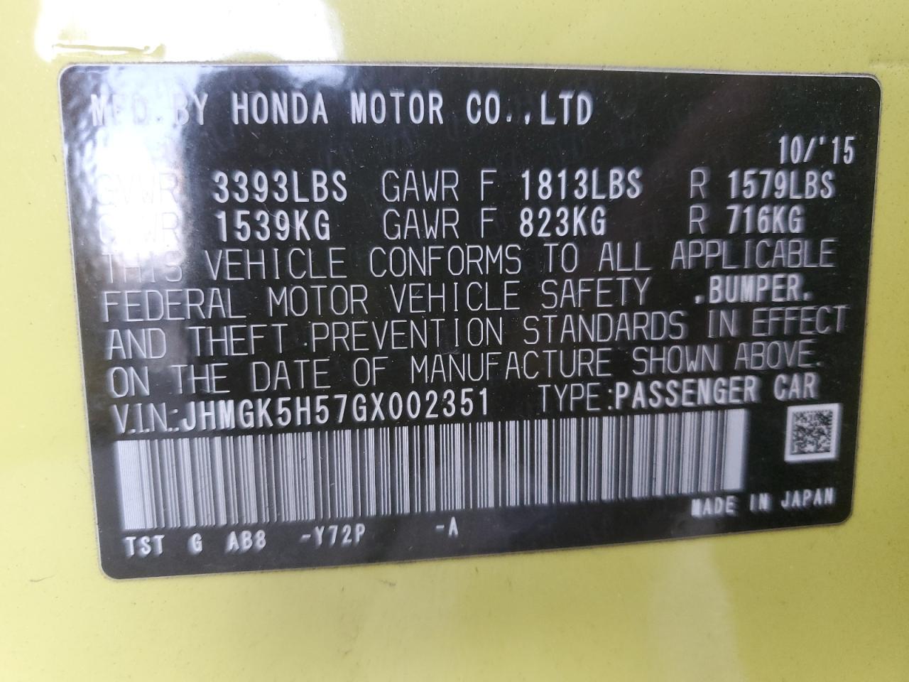 VIN JHMGK5H57GX002351 2016 HONDA FIT no.12