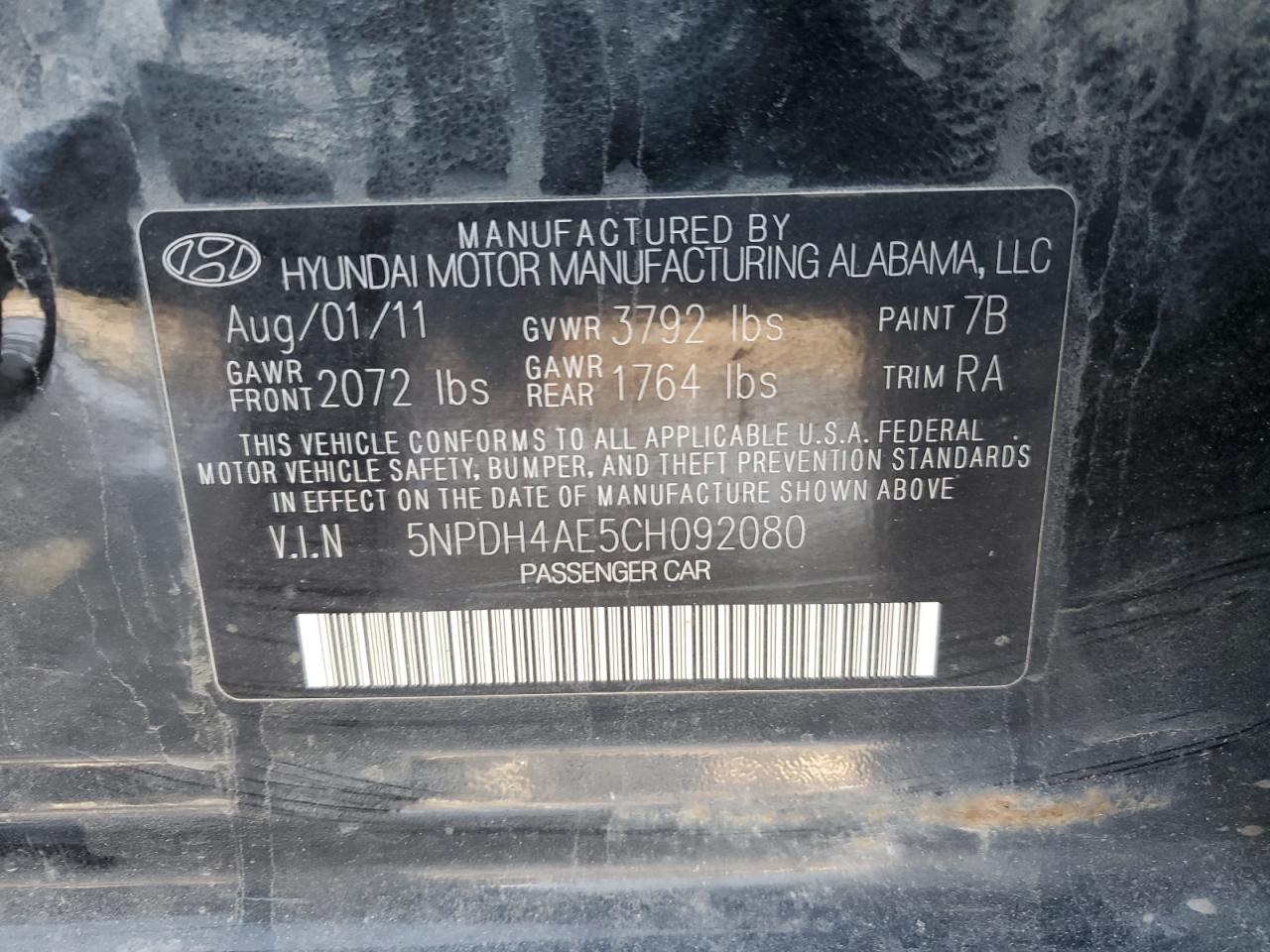 2012 Hyundai Elantra Gls VIN: 5NPDH4AE5CH092080 Lot: 89072285