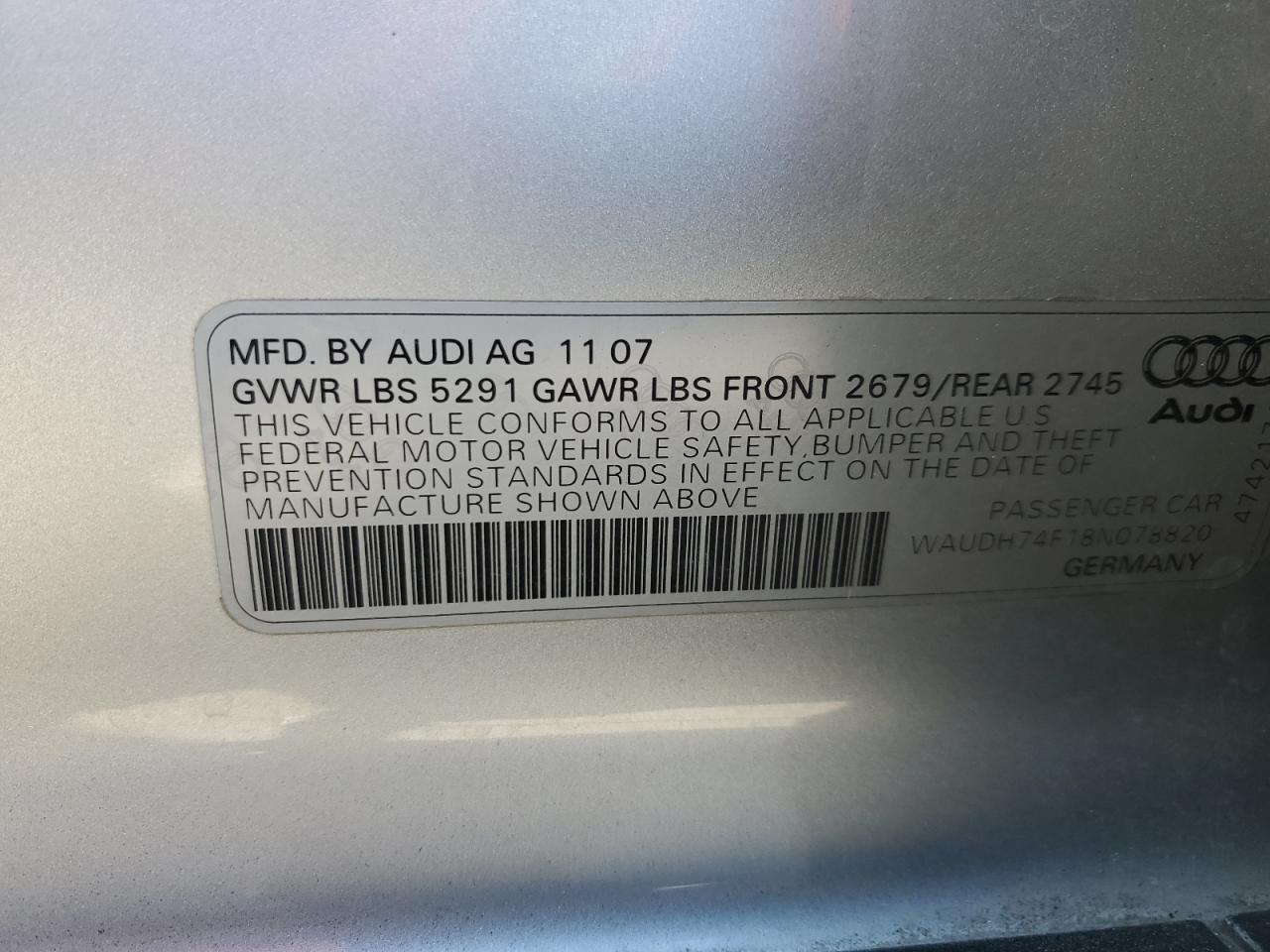 2008 Audi A6 3.2 Quattro VIN: WAUDH74F18N078820 Lot: 88077315