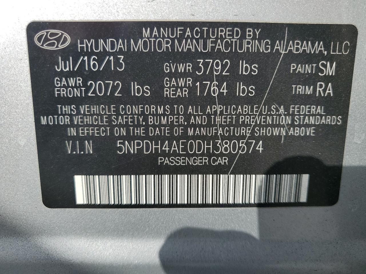 2013 Hyundai Elantra Gls VIN: 5NPDH4AE0DH380574 Lot: 88624125