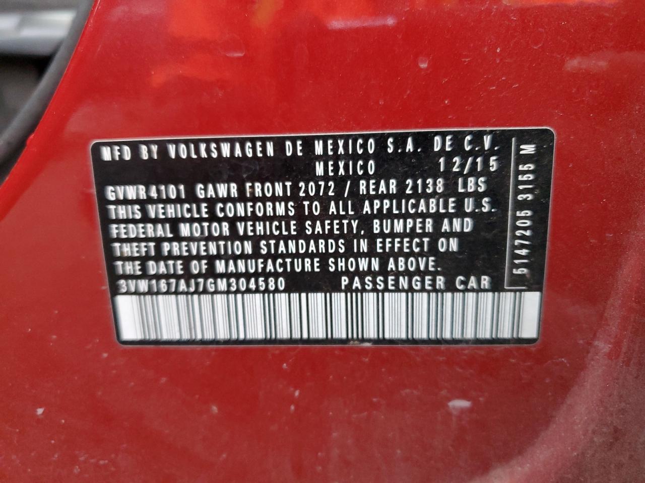 2016 Volkswagen Jetta S VIN: 3VW167AJ7GM304580 Lot: 88009495