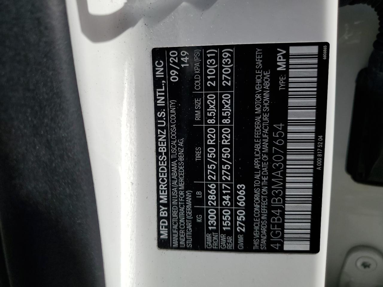 2021 Mercedes-Benz Gle 350 VIN: 4JGFB4JB3MA307654 Lot: 41892795