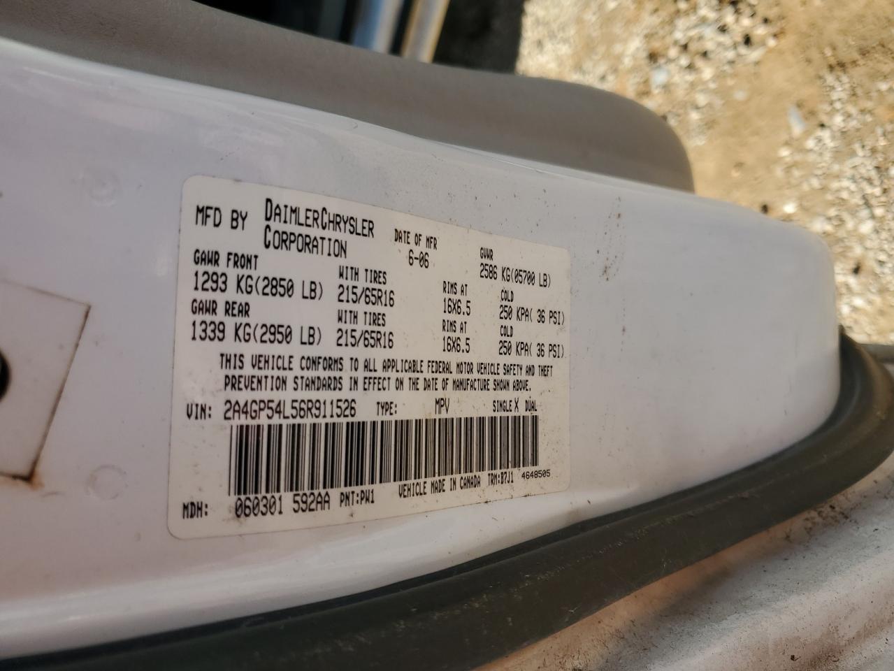 2006 Chrysler Town & Country Touring VIN: 2A4GP54L56R911526 Lot: 87939175