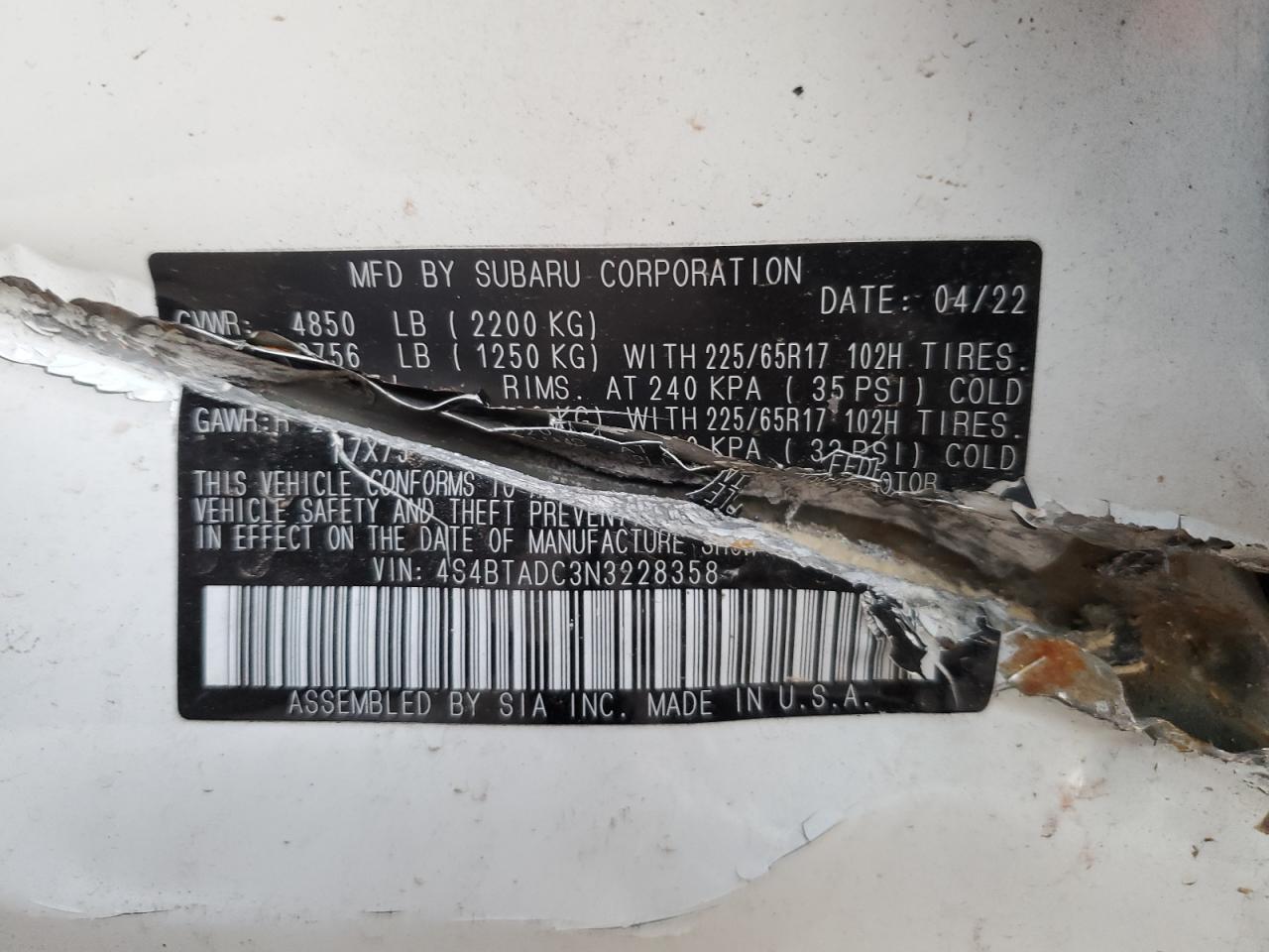 2022 Subaru Outback Premium VIN: 4S4BTADC3N3228358 Lot: 42797815