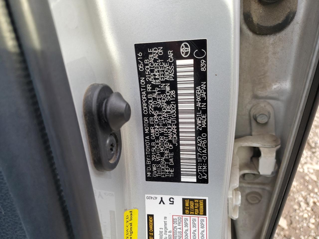 VIN JTDKARFU1G3021128 2016 TOYOTA PRIUS no.12