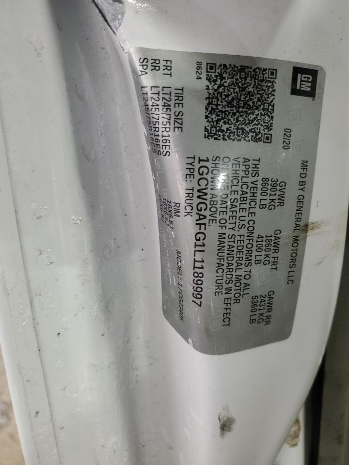 2020 Chevrolet Express G2500 VIN: 1GCWGAFG1L1189997 Lot: 44656375