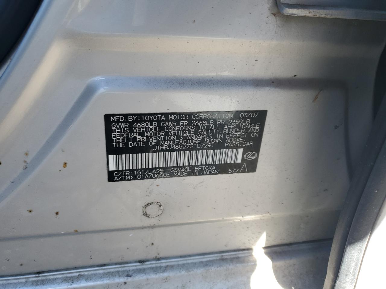 2007 Lexus Es 350 VIN: JTHBJ46G272107291 Lot: 88754215