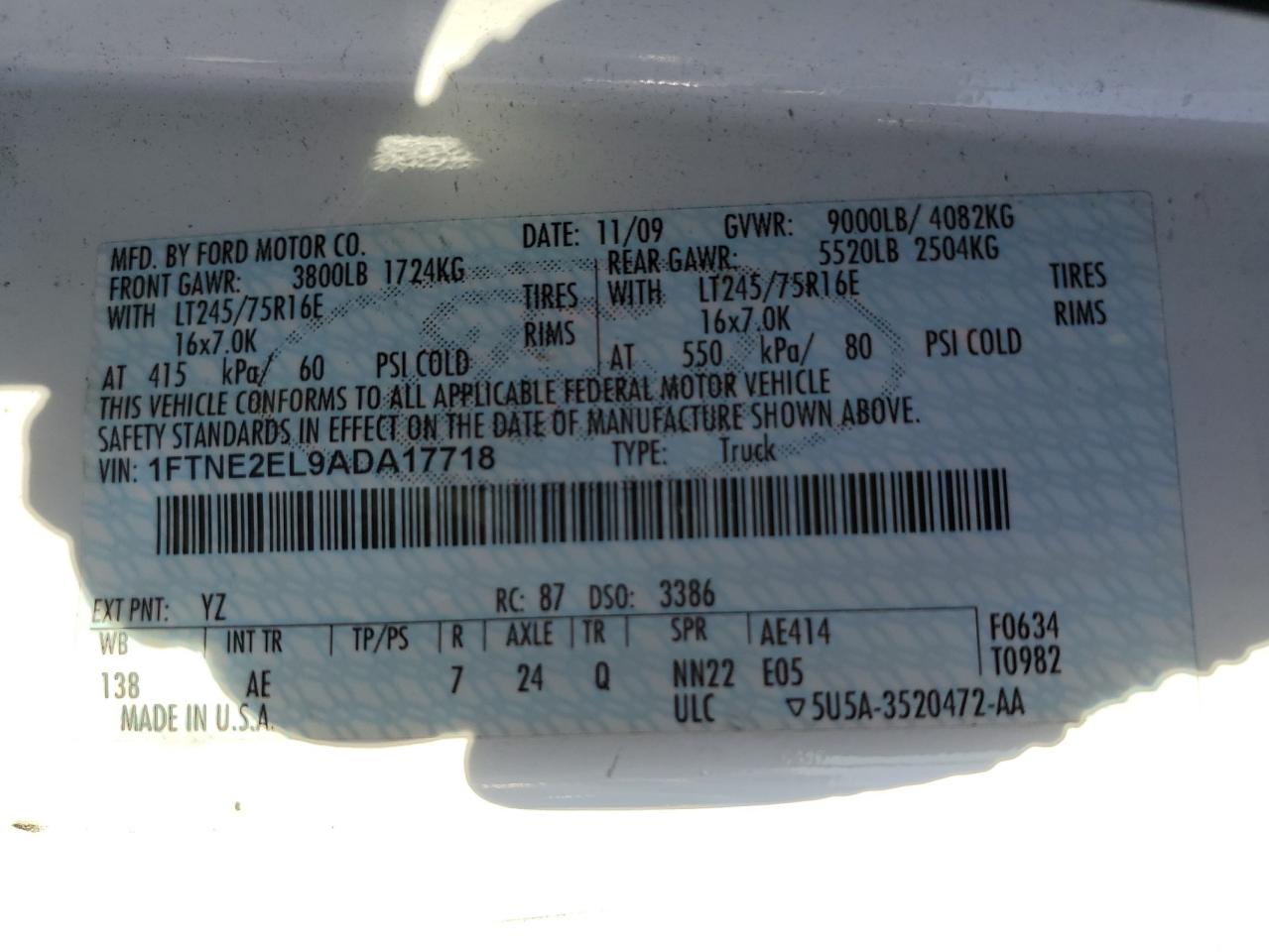 2010 Ford Econoline E250 Van VIN: 1FTNE2EL9ADA17718 Lot: 88728395