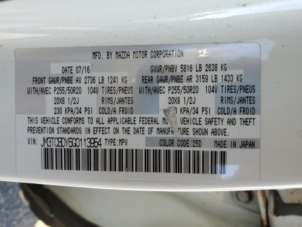 VIN JM3TCBDY6G0113954 2016 MAZDA CX-9 no.13