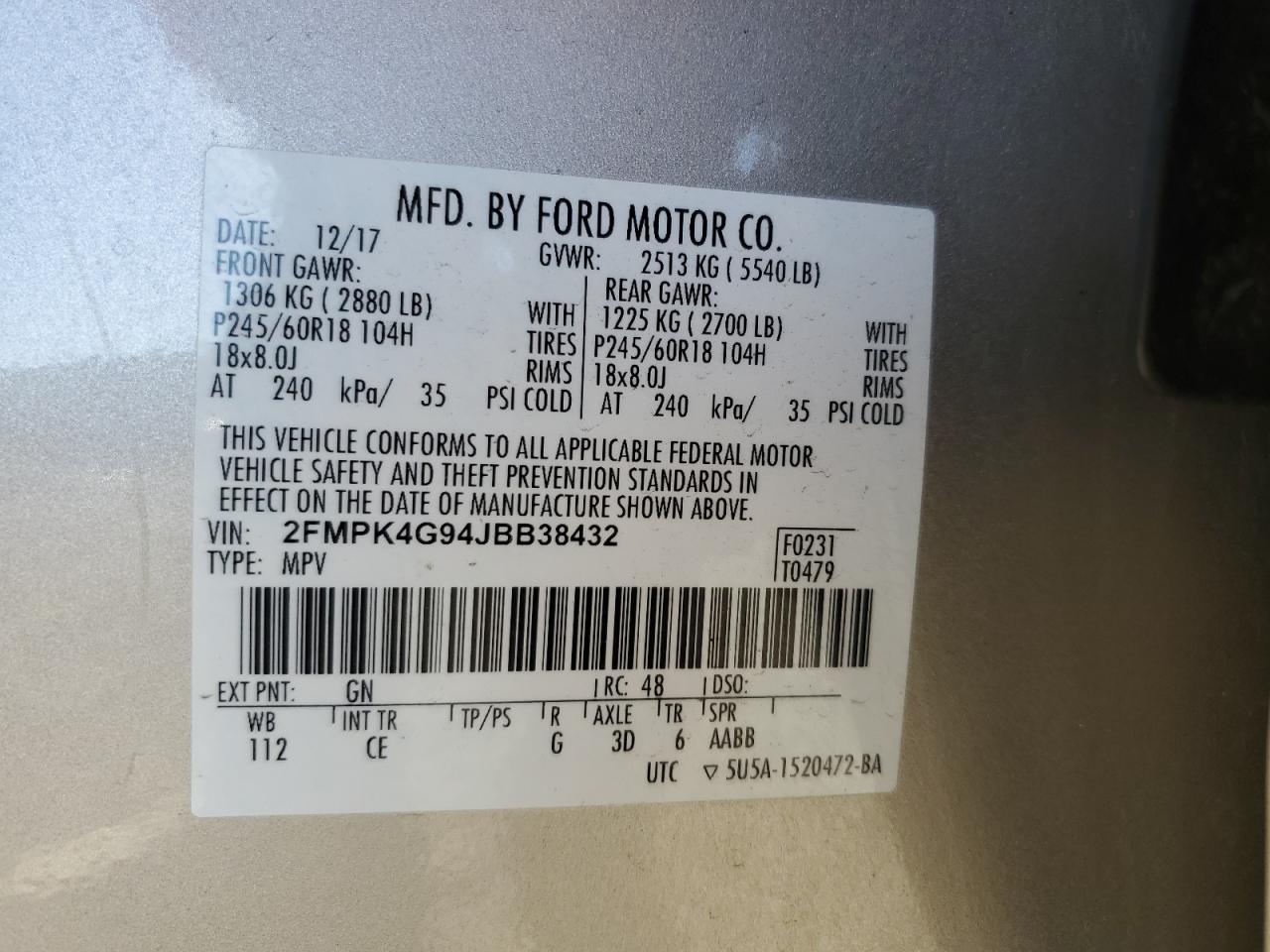 2FMPK4G94JBB38432 FORD EDGE 2018