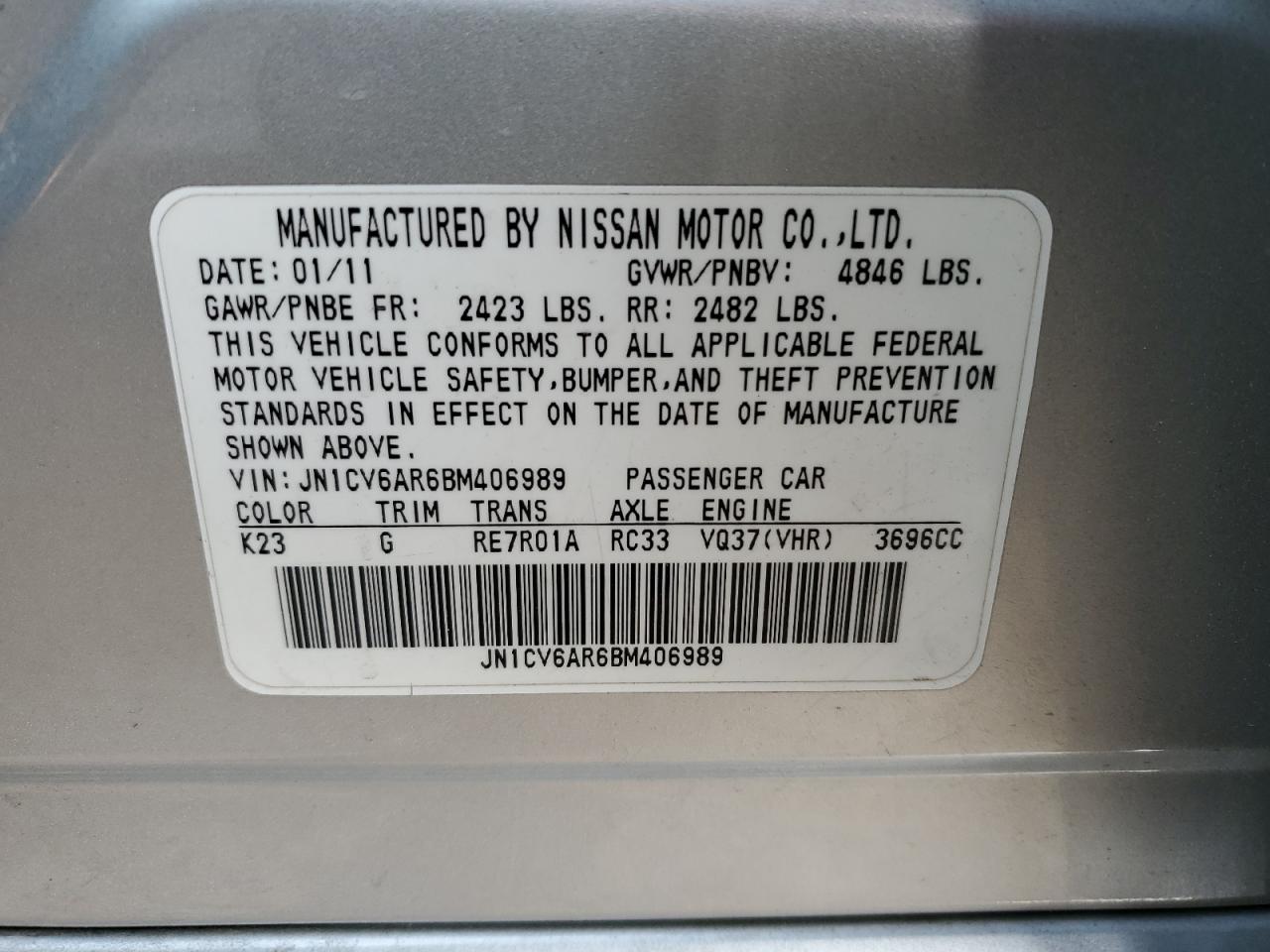 2011 Infiniti G37 VIN: JN1CV6AR6BM406989 Lot: 87466274