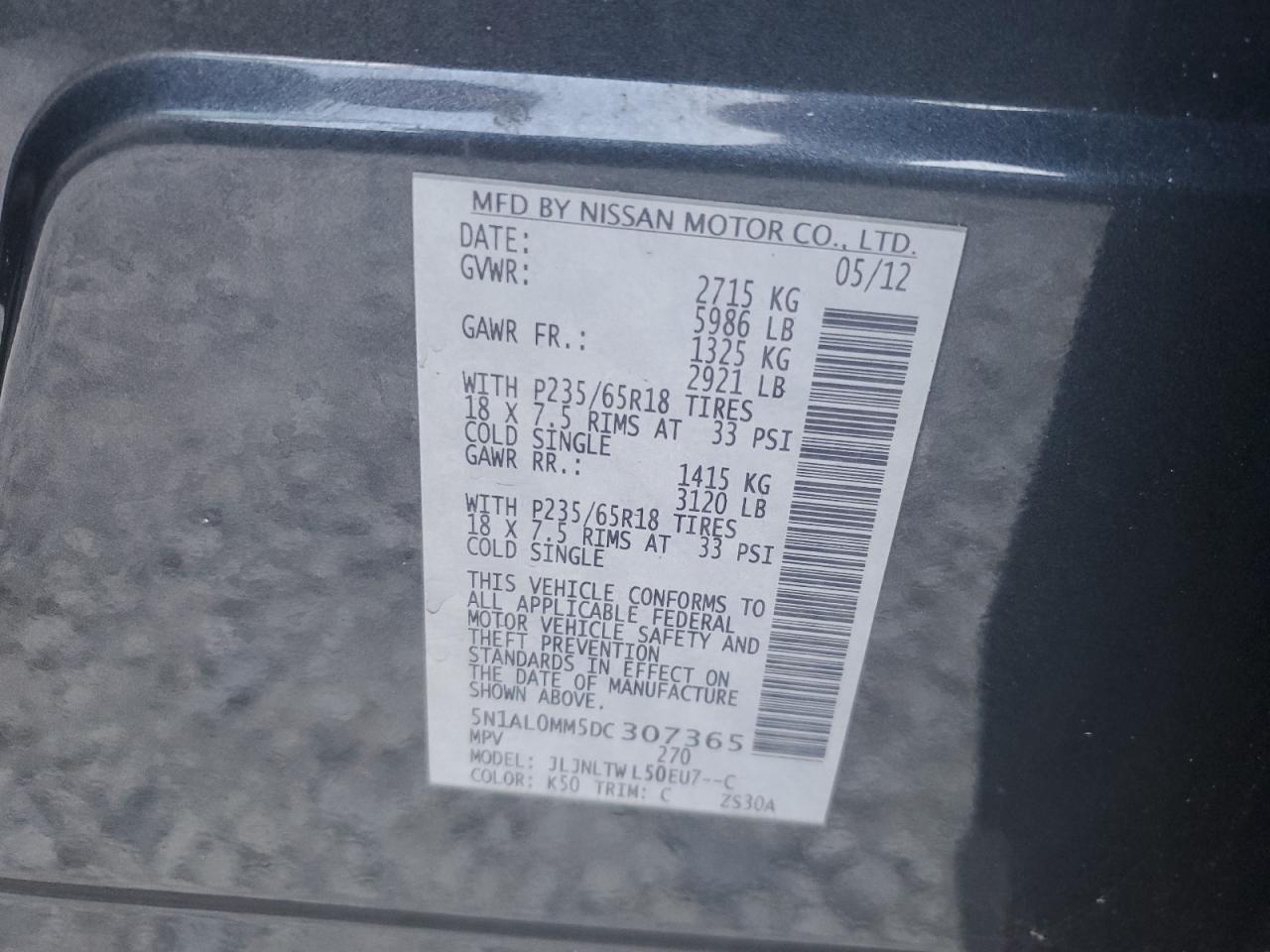 2013 Infiniti Jx35 VIN: 5N1AL0MM5DC307365 Lot: 41496445