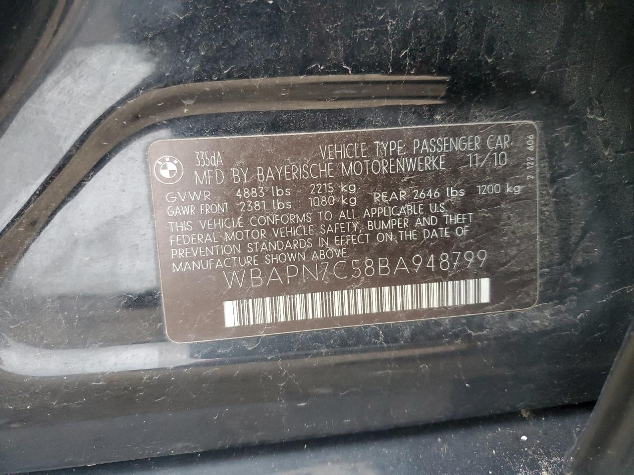 2011 BMW 335 D VIN: WBAPN7C58BA948799 Lot: 87299844