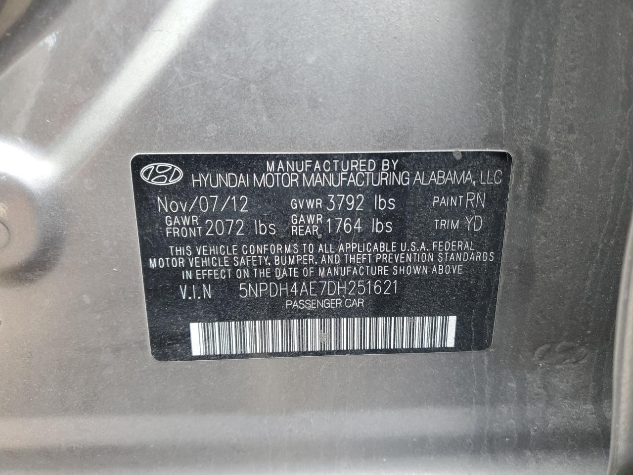 2013 Hyundai Elantra Gls VIN: 5NPDH4AE7DH251621 Lot: 86692614