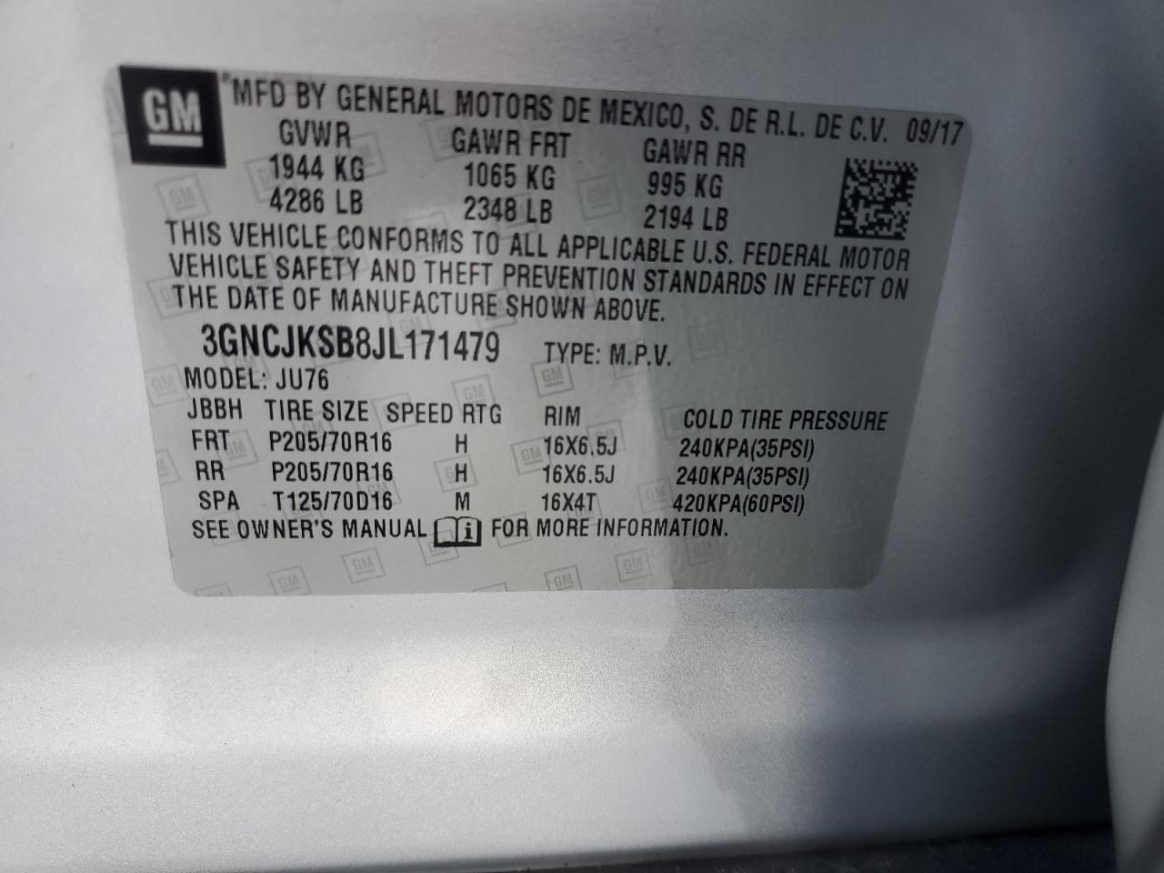 2018 Chevrolet Trax Ls VIN: 3GNCJKSB8JL171479 Lot: 87708845