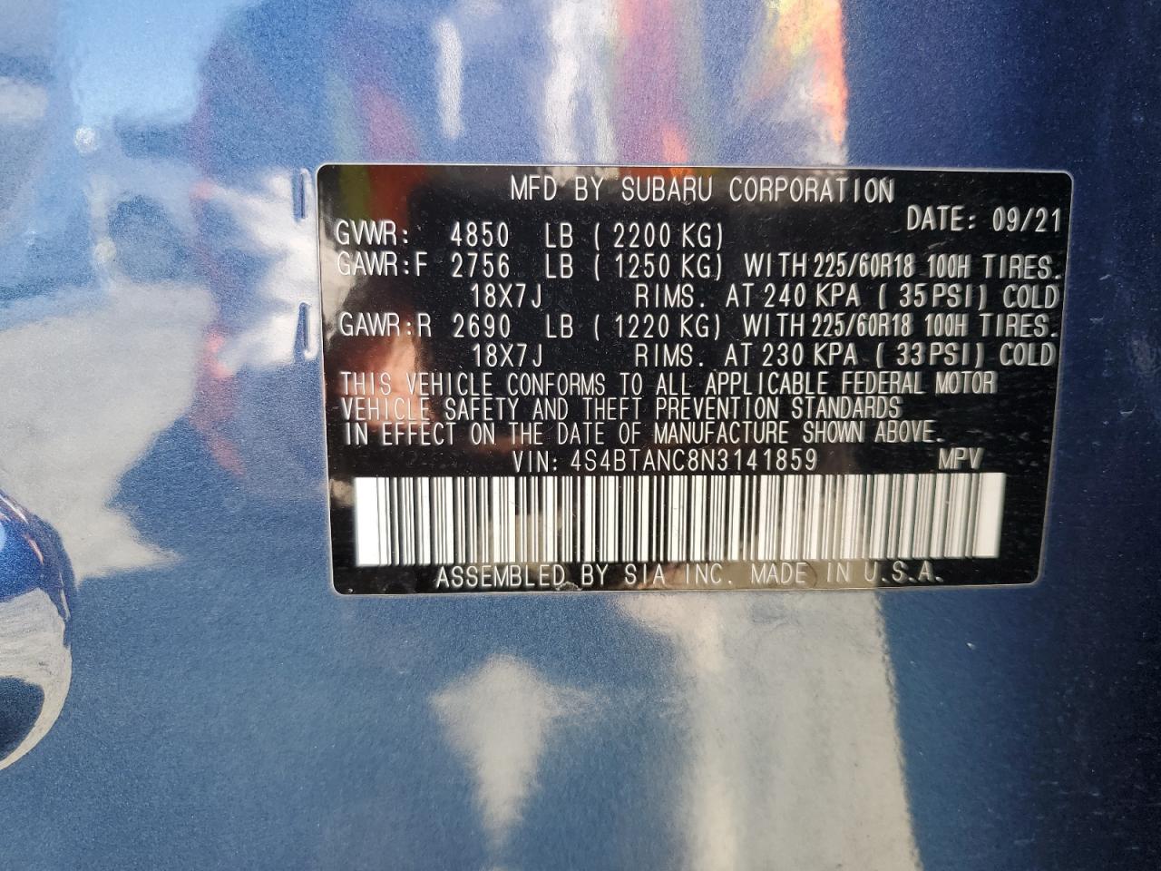 2022 Subaru Outback Limited VIN: 4S4BTANC8N3141859 Lot: 42379865