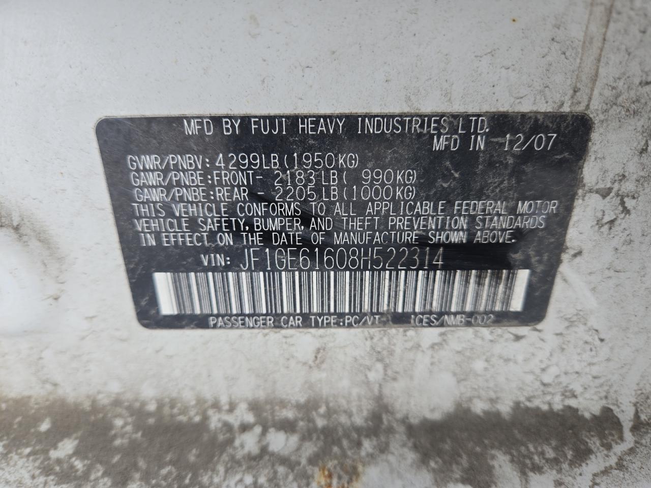 2008 Subaru Impreza 2.5I VIN: JF1GE61608H522314 Lot: 88413595