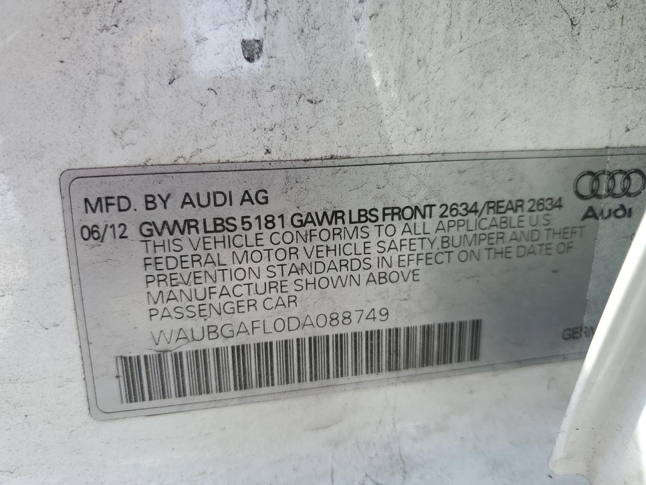 2013 Audi S4 Premium Plus VIN: WAUBGAFL0DA088749 Lot: 42744865