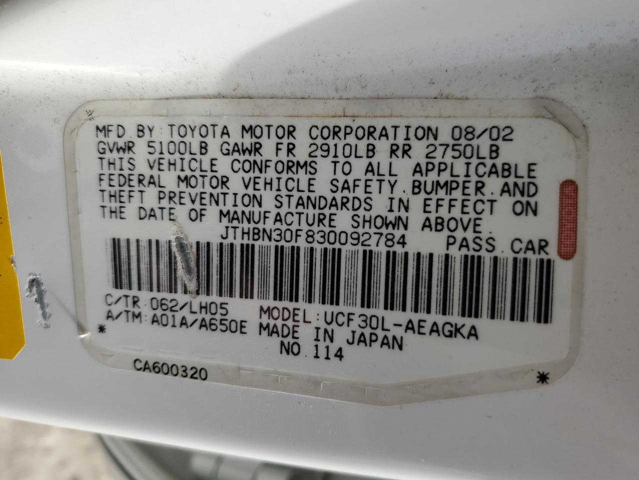 2003 Lexus Ls 430 VIN: JTHBN30F830092784 Lot: 86813344