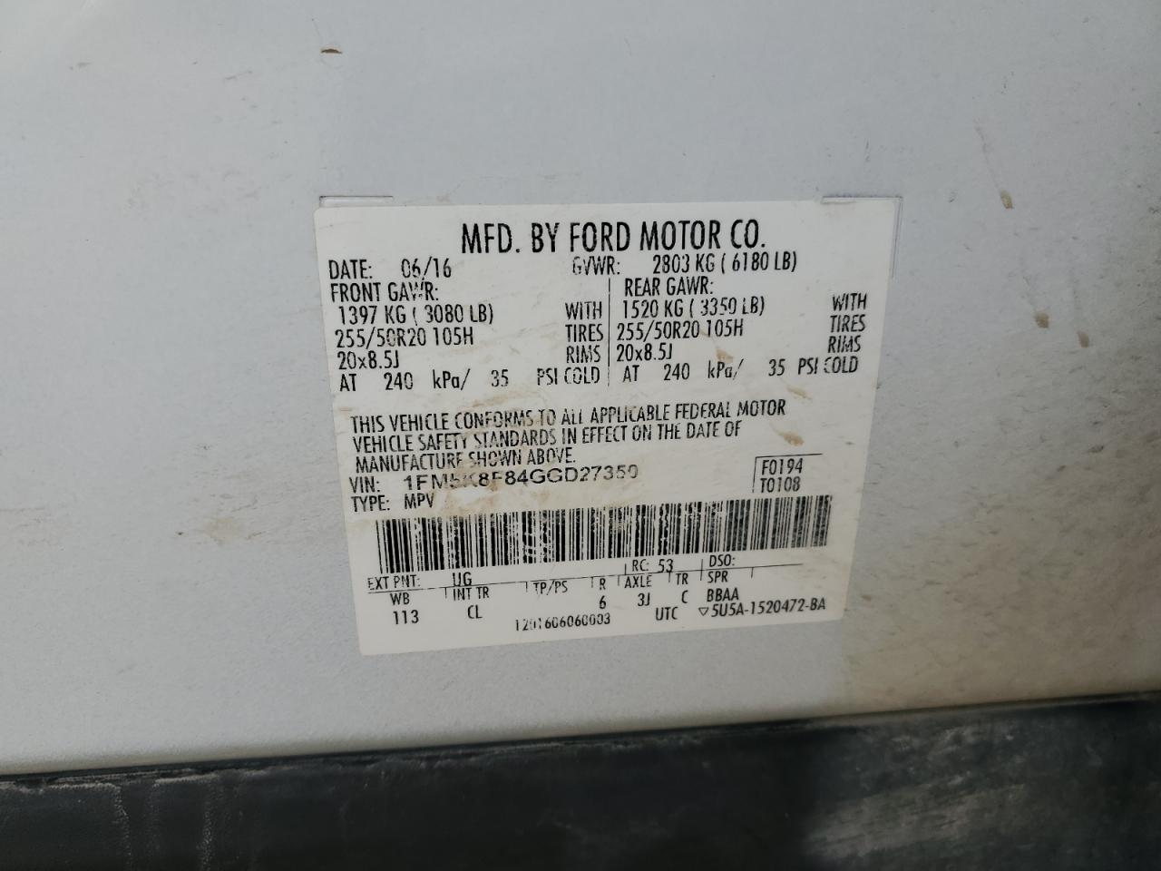 1FM5K8F84GGD27350 FORD EXPLORER 2016