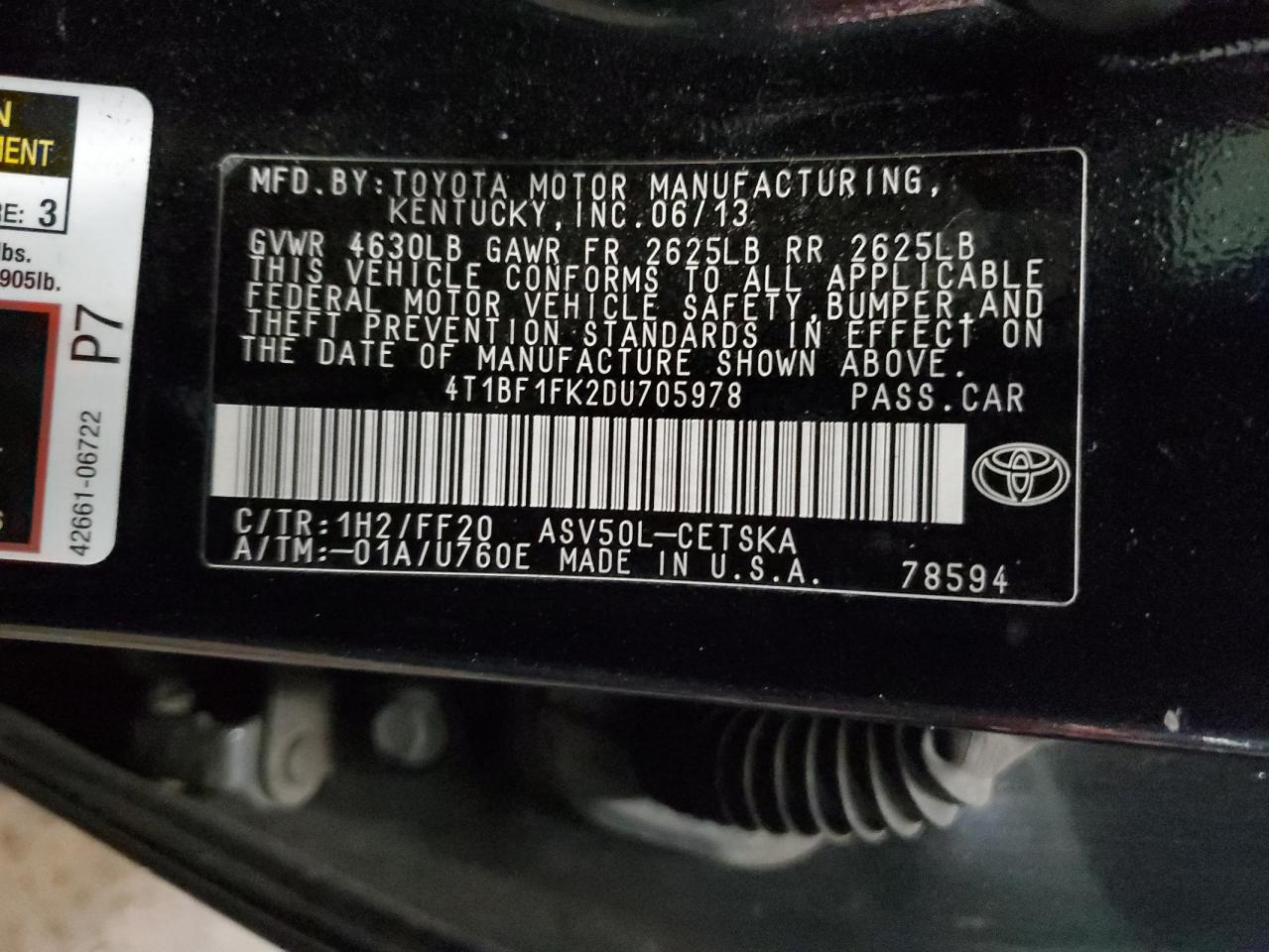 VIN 4T1BF1FK2DU705978 2013 TOYOTA CAMRY no.12