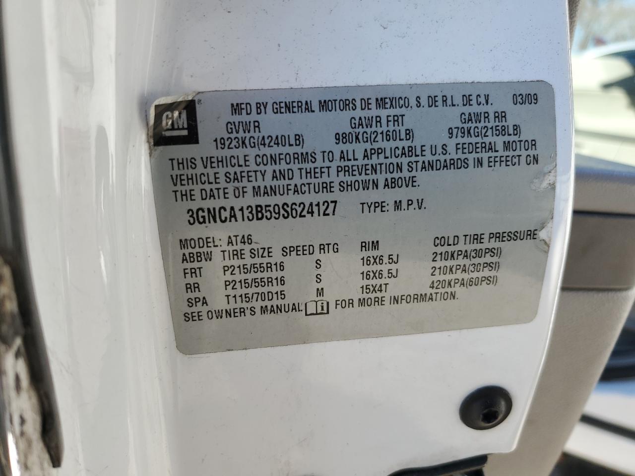 2009 Chevrolet Hhr Ls VIN: 3GNCA13B59S624127 Lot: 41419525