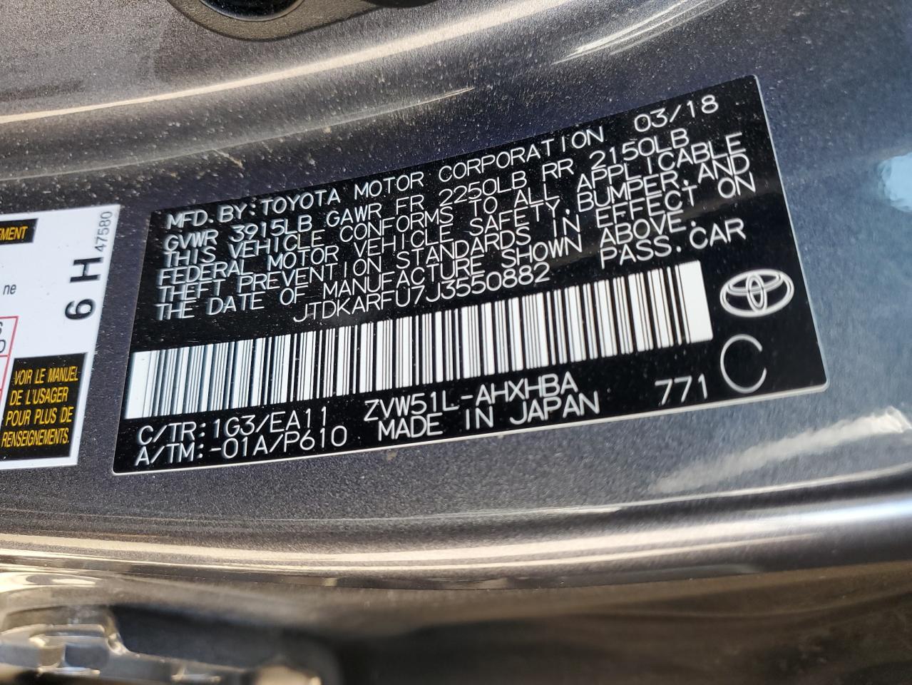 2018 Toyota Prius VIN: JTDKARFU7J3550882 Lot: 88552405