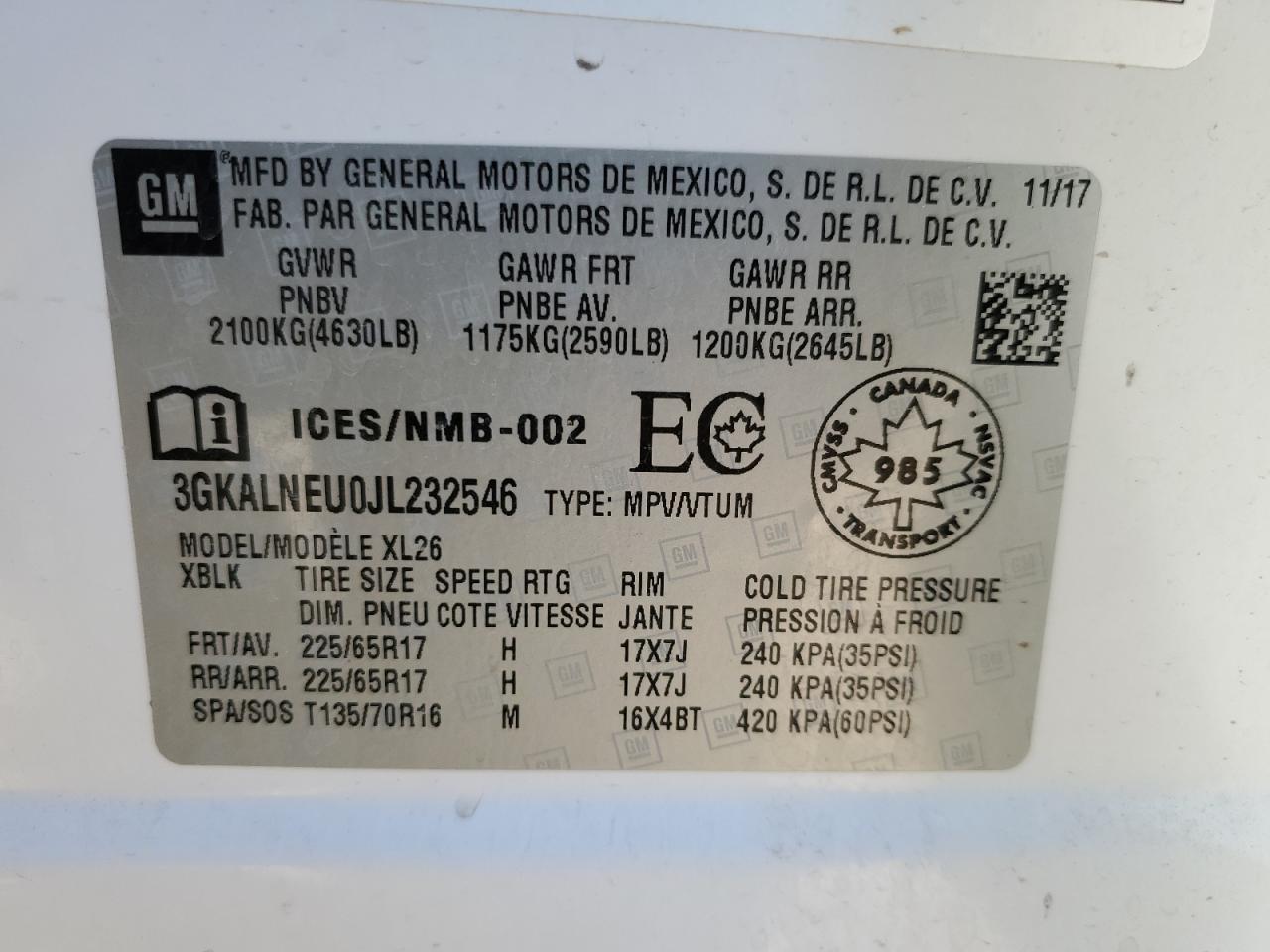 2018 GMC Terrain Sle VIN: 3GKALNEU0JL232546 Lot: 43060535