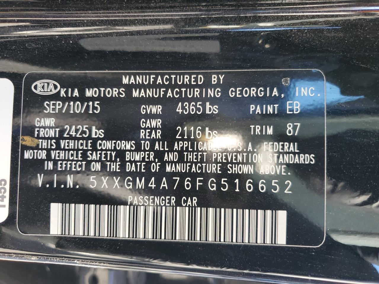 VIN 5XXGM4A76FG516652 2015 KIA OPTIMA no.12