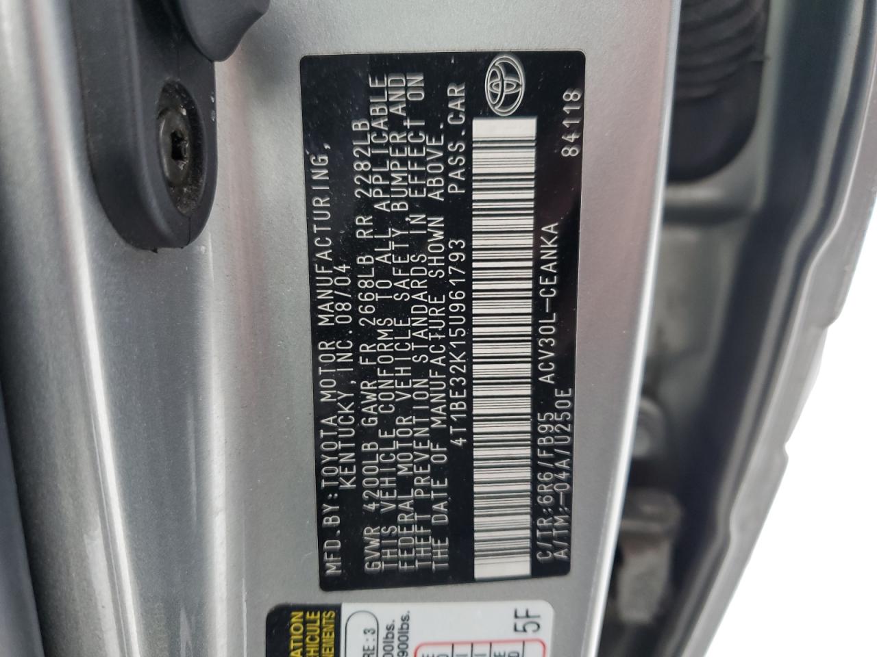 2005 Toyota Camry VIN: 4T18E32K15U961793 Lot: 87882015