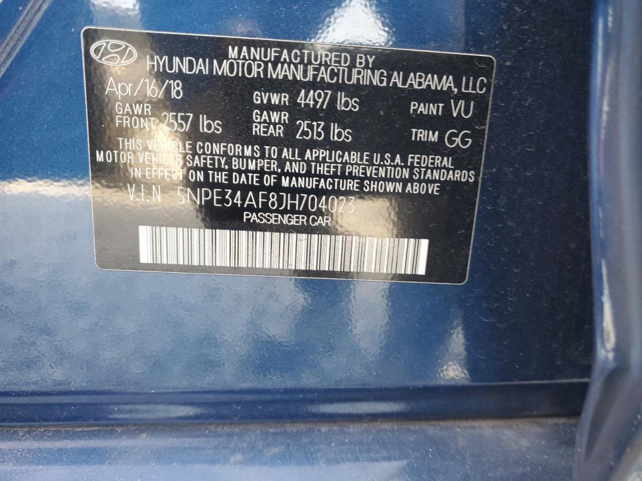 VIN 5NPE34AF8JH704023 2018 HYUNDAI SONATA no.12