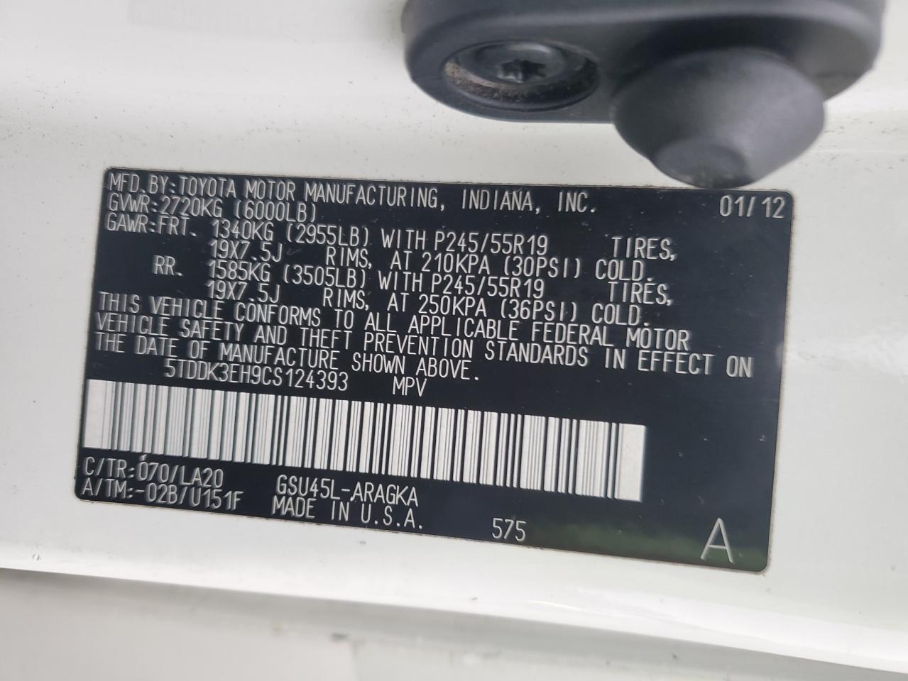 2012 Toyota Highlander Limited VIN: 5TDDK3EH9CS124393 Lot: 87149584