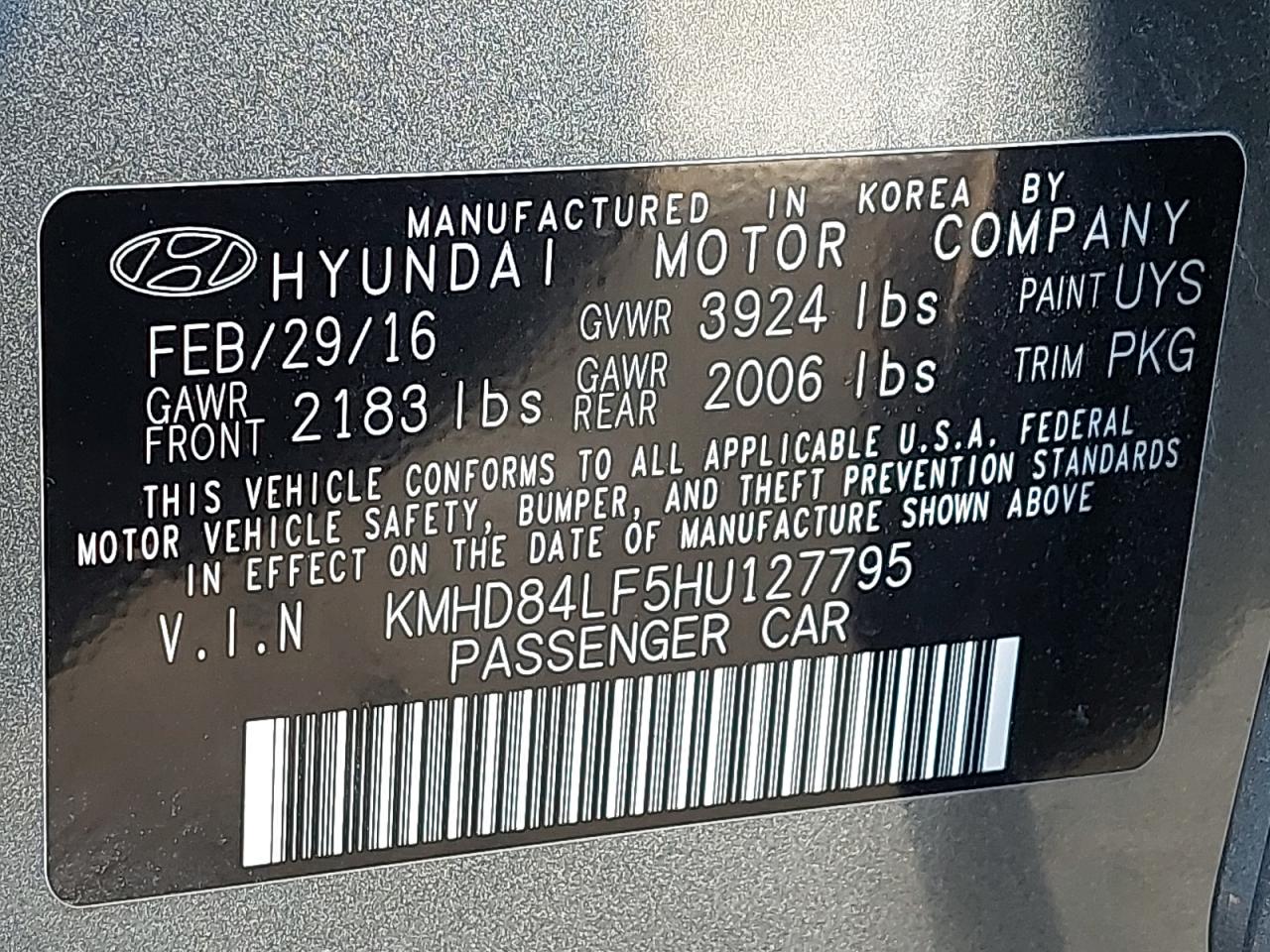 KMHD84LF5HU127795 - 2017 HYUNDAI ELANTRA - #42268455