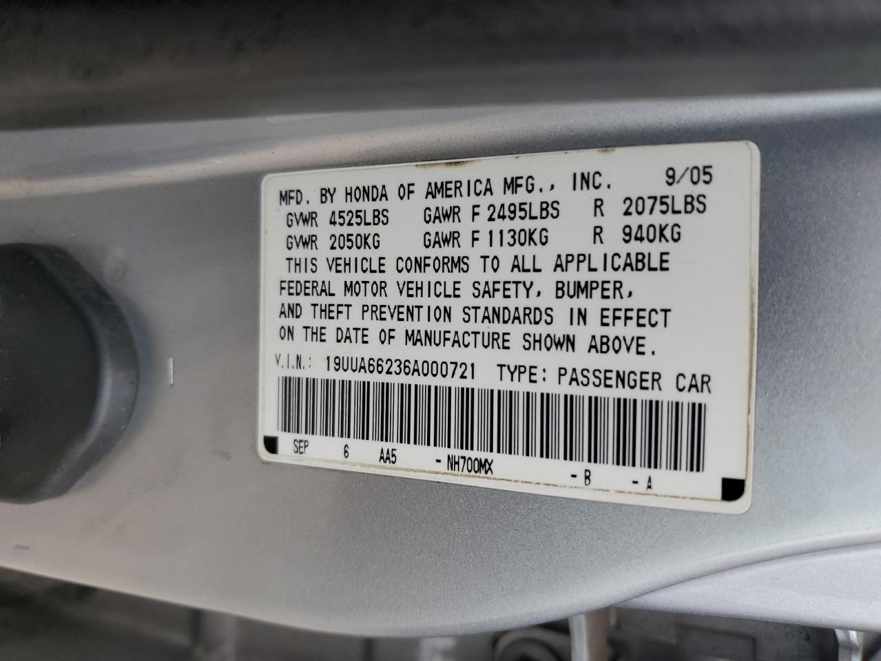 2006 Acura 3.2Tl VIN: 19UUA66236A000721 Lot: 41821625