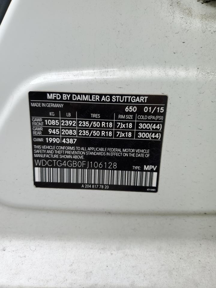 2015 Mercedes-Benz Gla 250 4Matic VIN: WDCTG4GB0FJ106128 Lot: 87066164