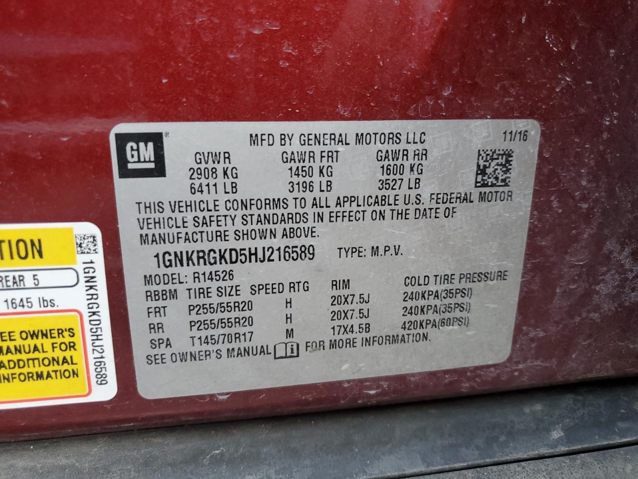1GNKRGKD5HJ216589 CHEVROLET TRAVERSE 2017