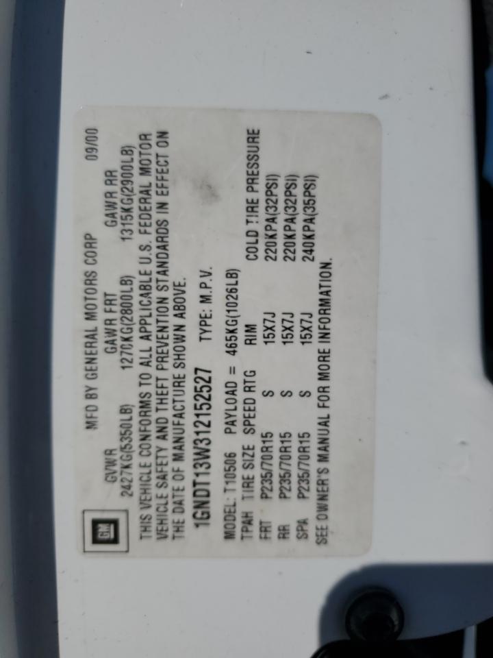 2001 Chevrolet Blazer Lt VIN: 1GNDT13W312152527 Lot: 41997035