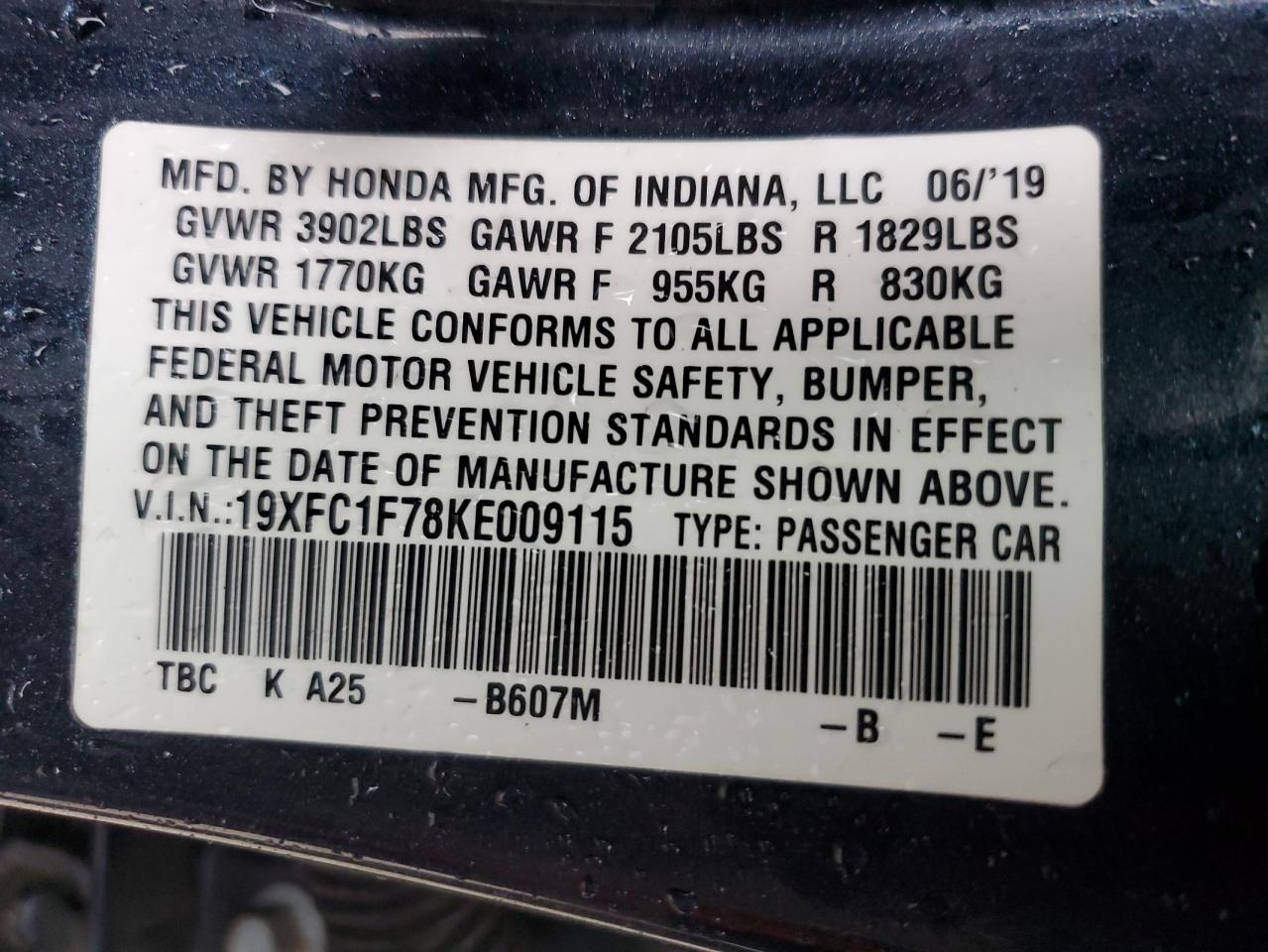 19XFC1F78KE009115 HONDA CIVIC 2019