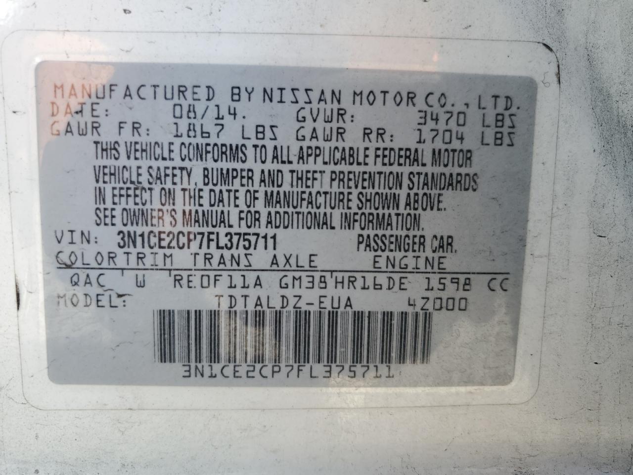 VIN 3N1CE2CP7FL375711 2015 NISSAN VERSA no.12