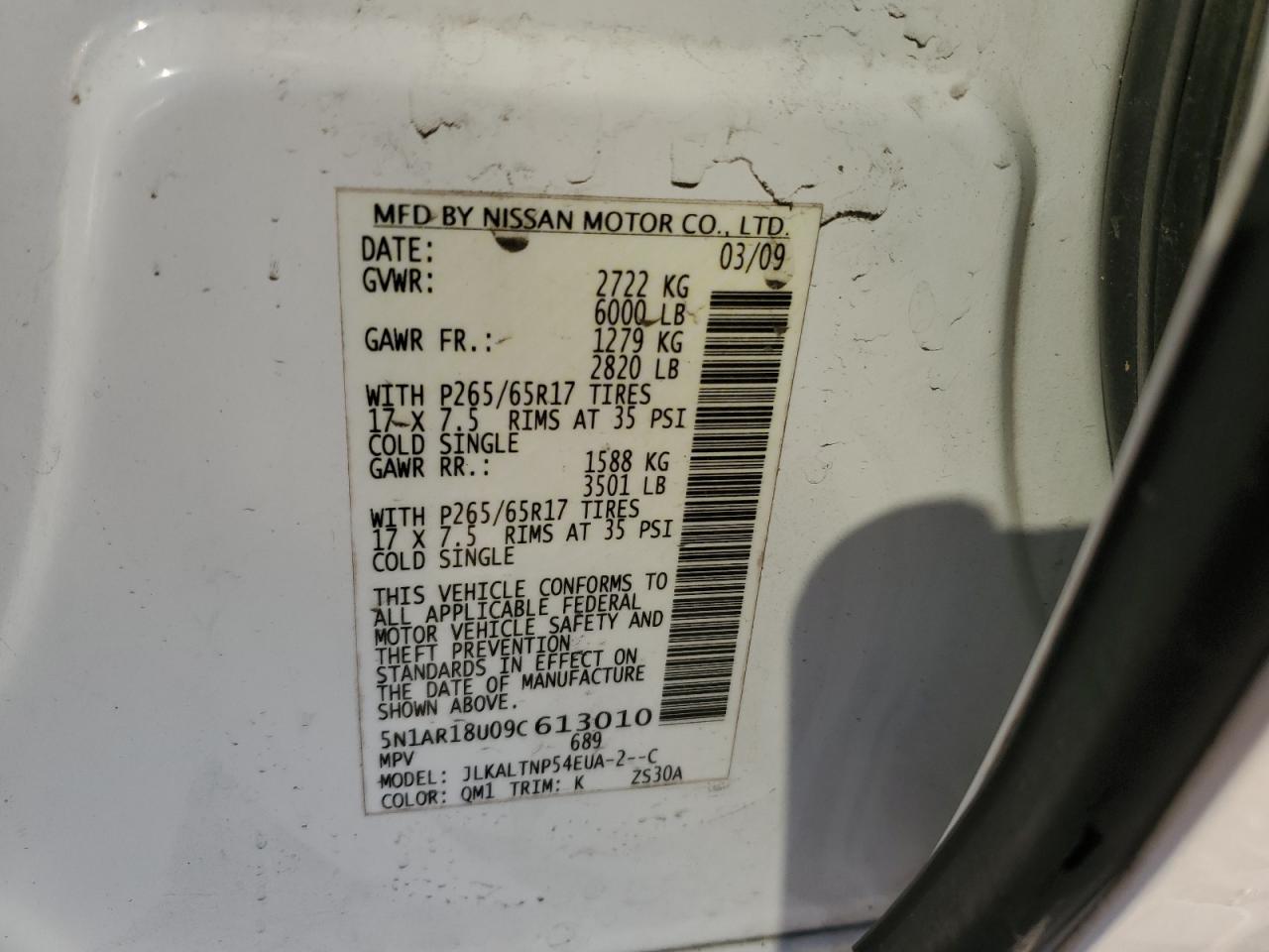 2009 Nissan Pathfinder S VIN: 5N1AR18U09C613010 Lot: 86286644