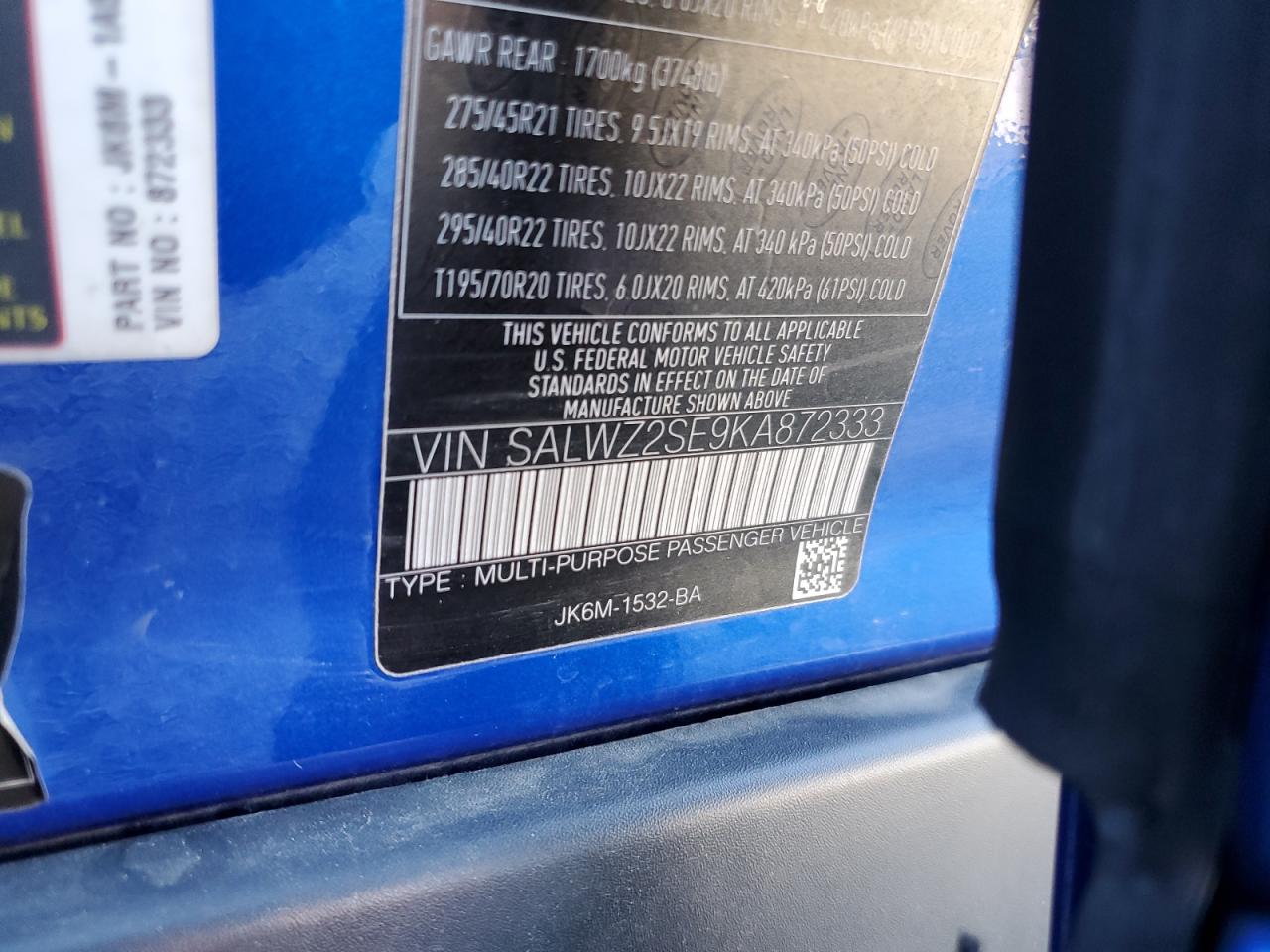 2019 Land Rover Range Rover Sport Svr VIN: SALWZ2SE9KA872333 Lot: 42719595